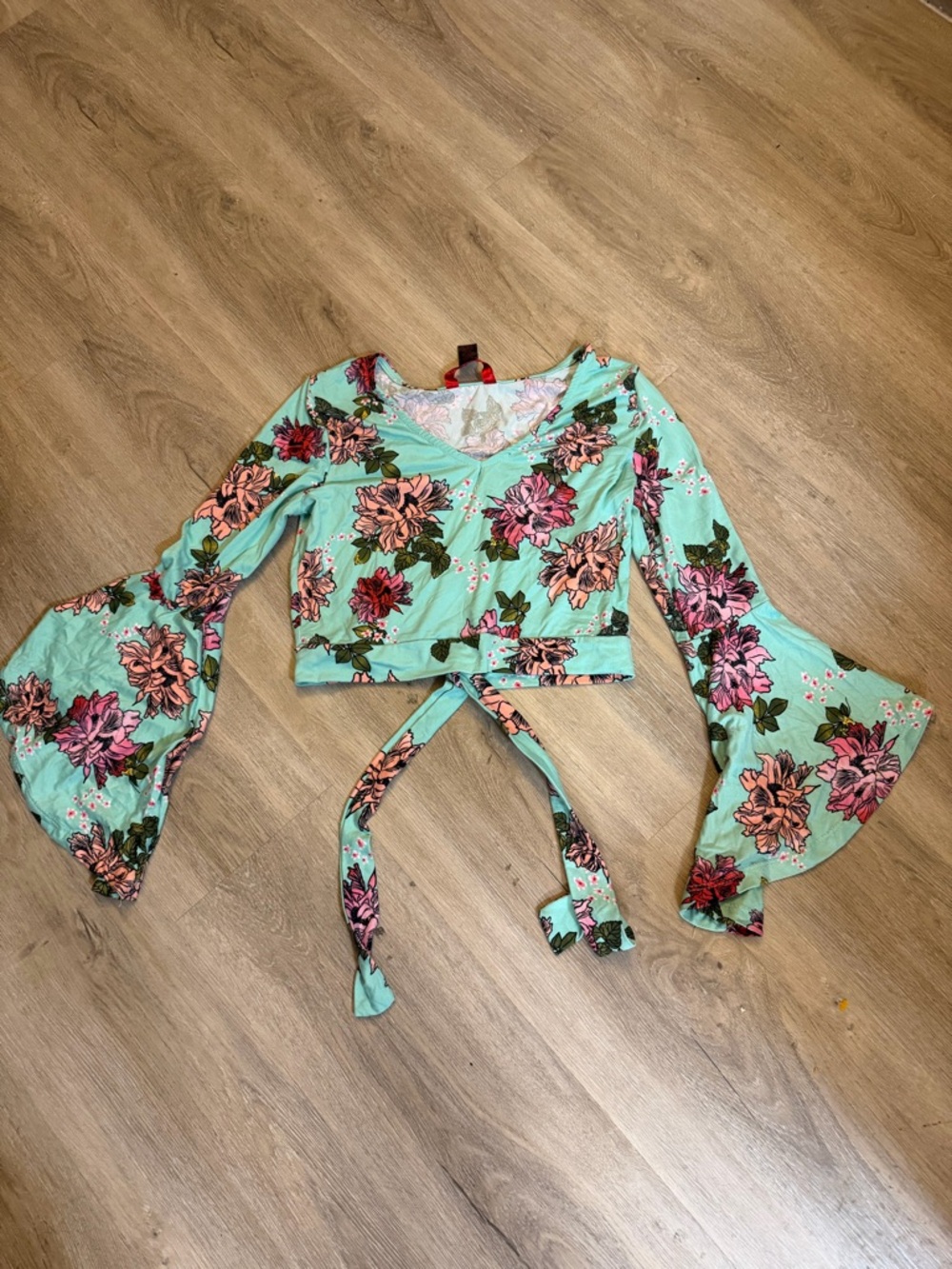 Hot Kiss Mint Floral Tie-Front Bell Sleeve Crop Top